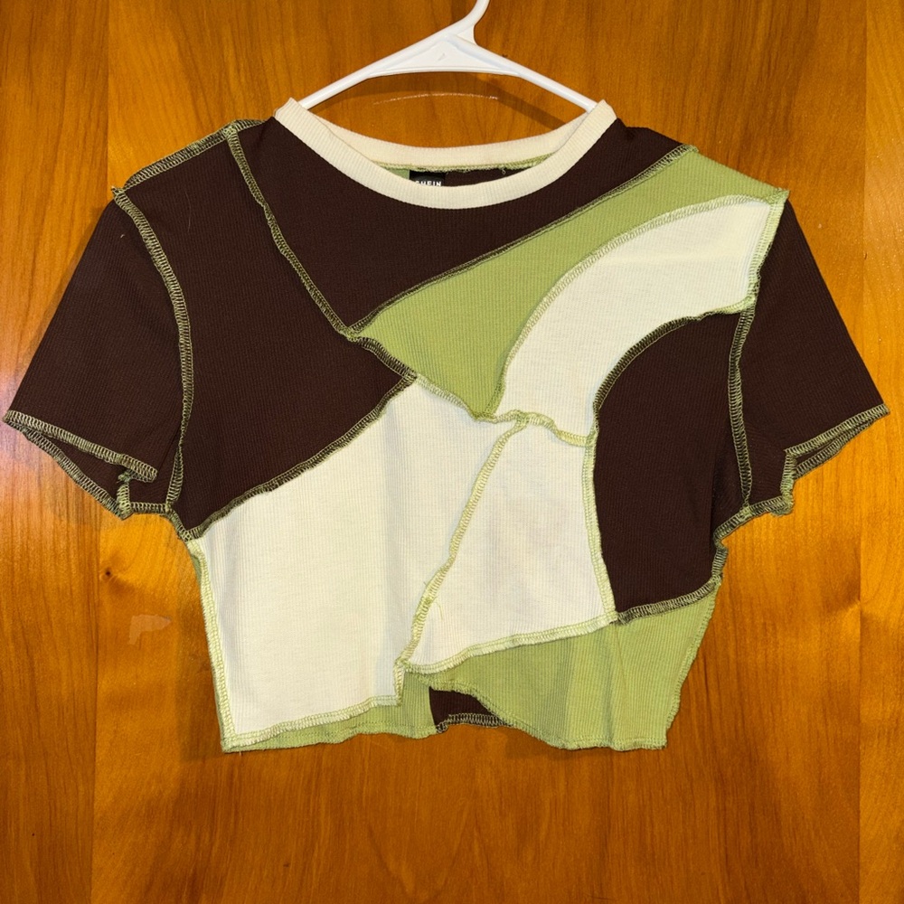SHEIN Brown and Green Patchwork Crop Top
